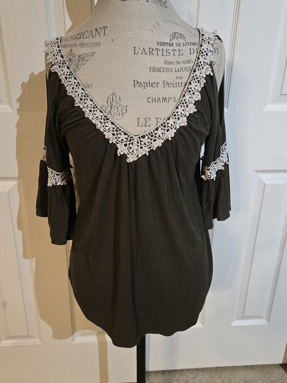 Olive Women's Cold-Shoulder Tunic with White Crochet Trim
